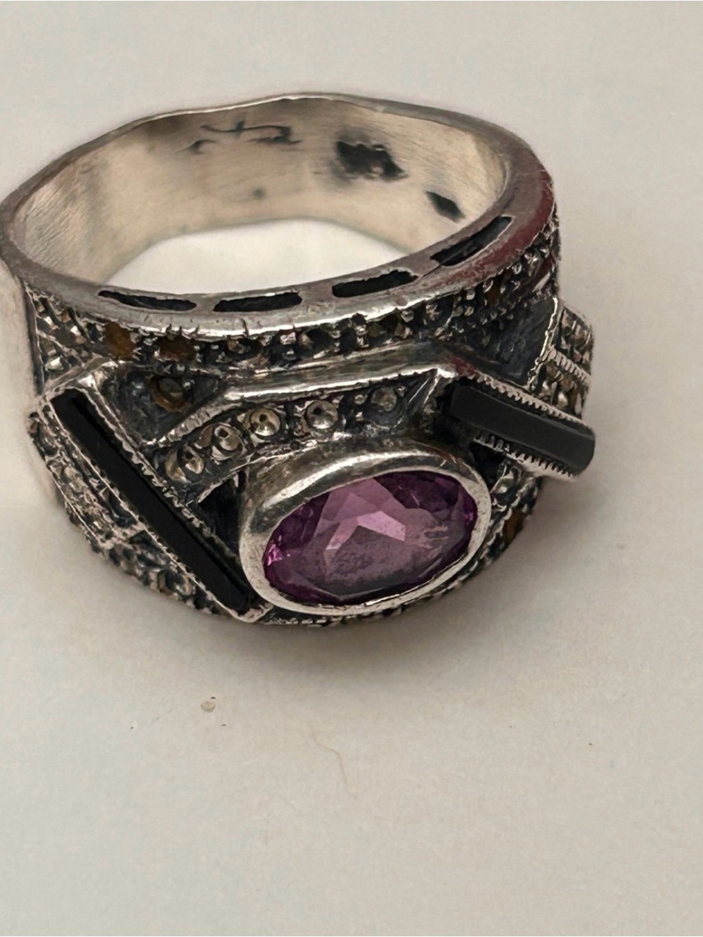 Vtg Amethyst Wide Band Ring 925 Sterling Silver Size 7 Onyx Marcasite Art Deco
